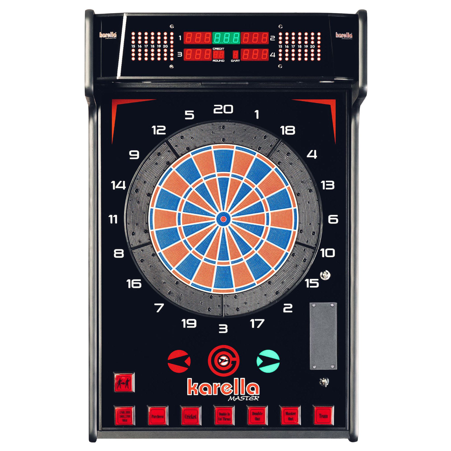 Elektronische Dartscheibe mit Punkten in Rot, Blau und Grau, beleuchtetem Display, Bedientasten am unteren Rand und Karella-Logo in der Mitte.