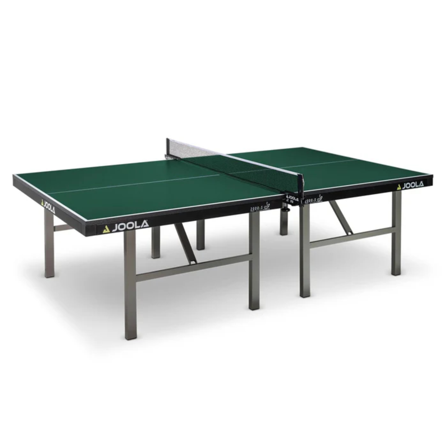 Grüner Indoor-Tischtennistisch mit schwarzem Rahmen und einem zentral montierten Netz auf stabilen Metallbeinen.