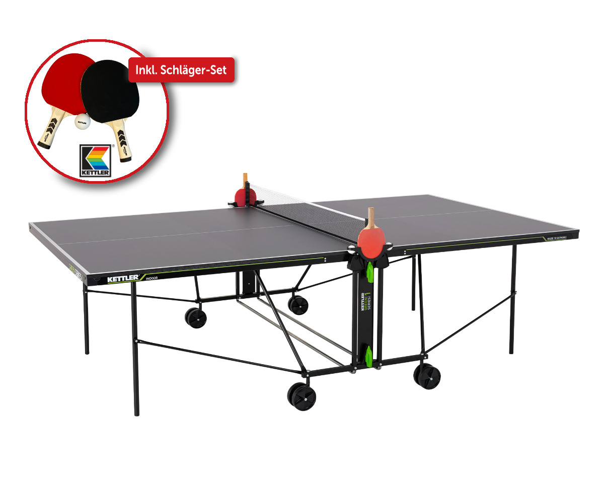 Indoor-Tischtennisplatte "K1", inkl. Kettler Schläger-Set  (2 Schläger & 6 Bälle)